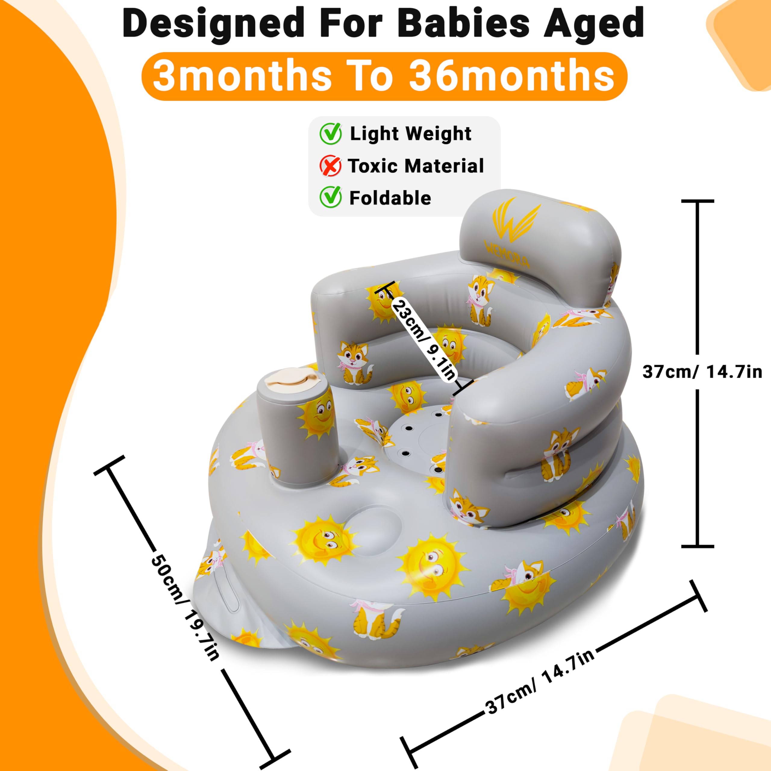 WEMORA inflatable baby seat in grey tiger and sun pattern enhances travel comfort