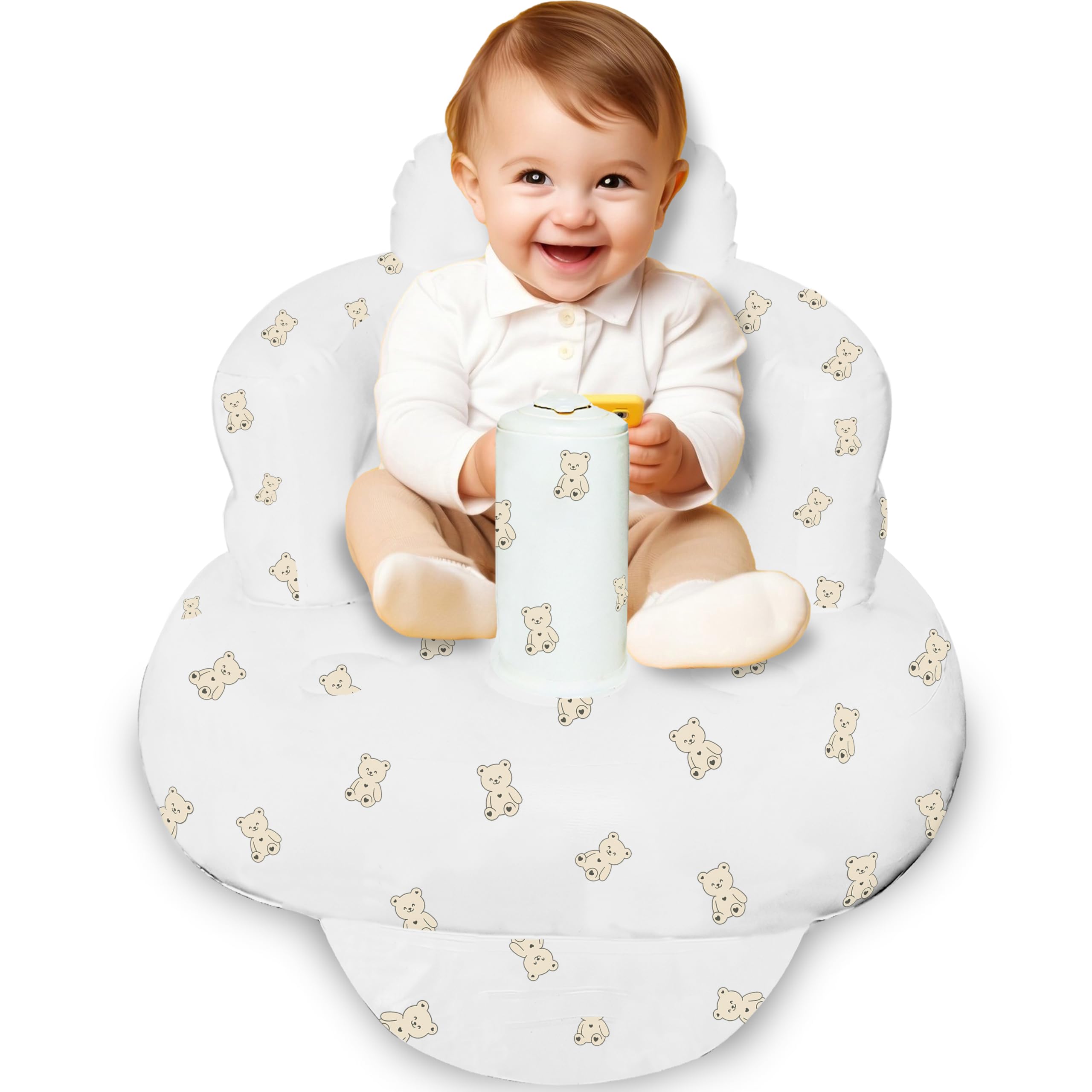 WEMORA inflatable baby seat demonstrates seated-up position for feeding and playtime.