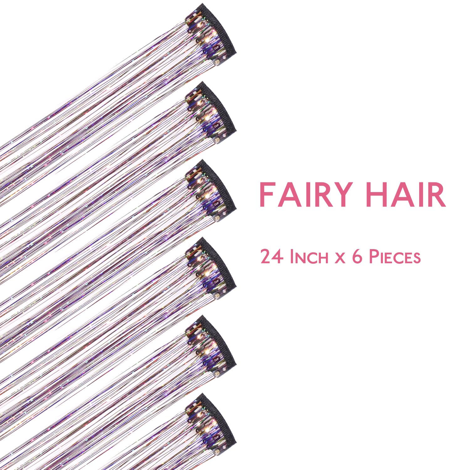 Wennalife clip-in tinsel Rainbow on hair shows easy attachment for quick style.