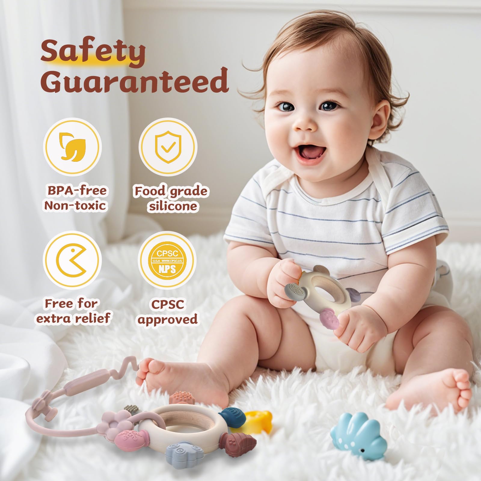 Wenobby teether rings feature a natural wood core for durable support.