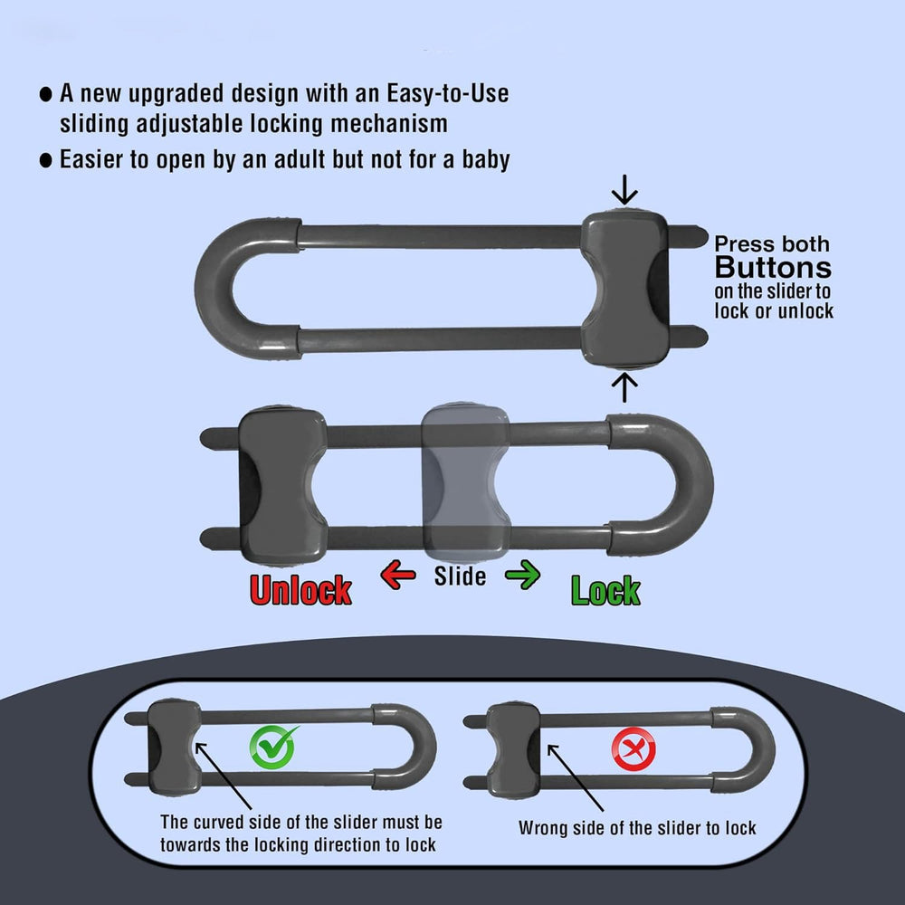 WENPENG sliding cabinet locks installation steps illustrate tool-free mounting on cabinets