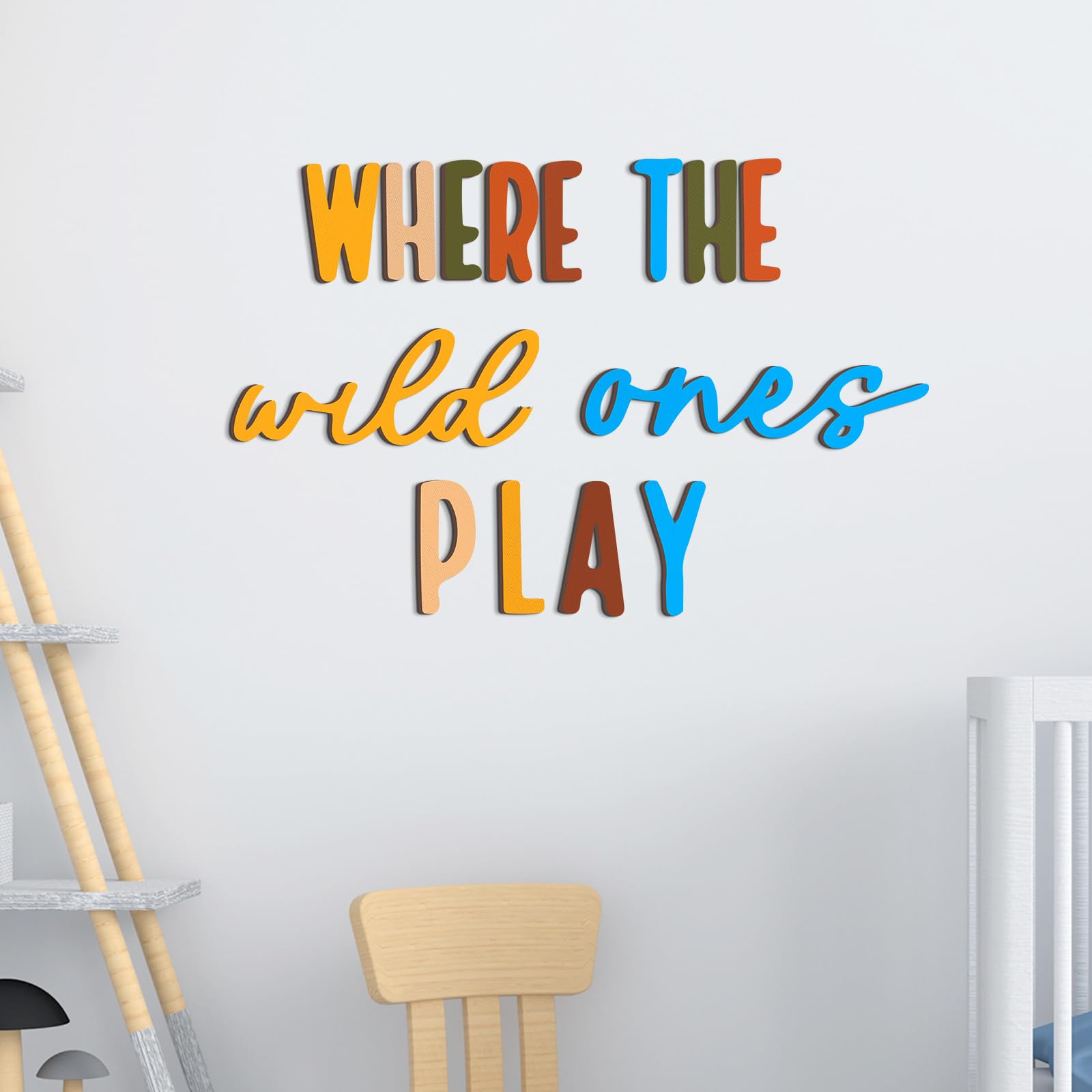 Wenqik Where The Wild Ones Play wall decor shows 14 colorful wooden signs for imaginative play.