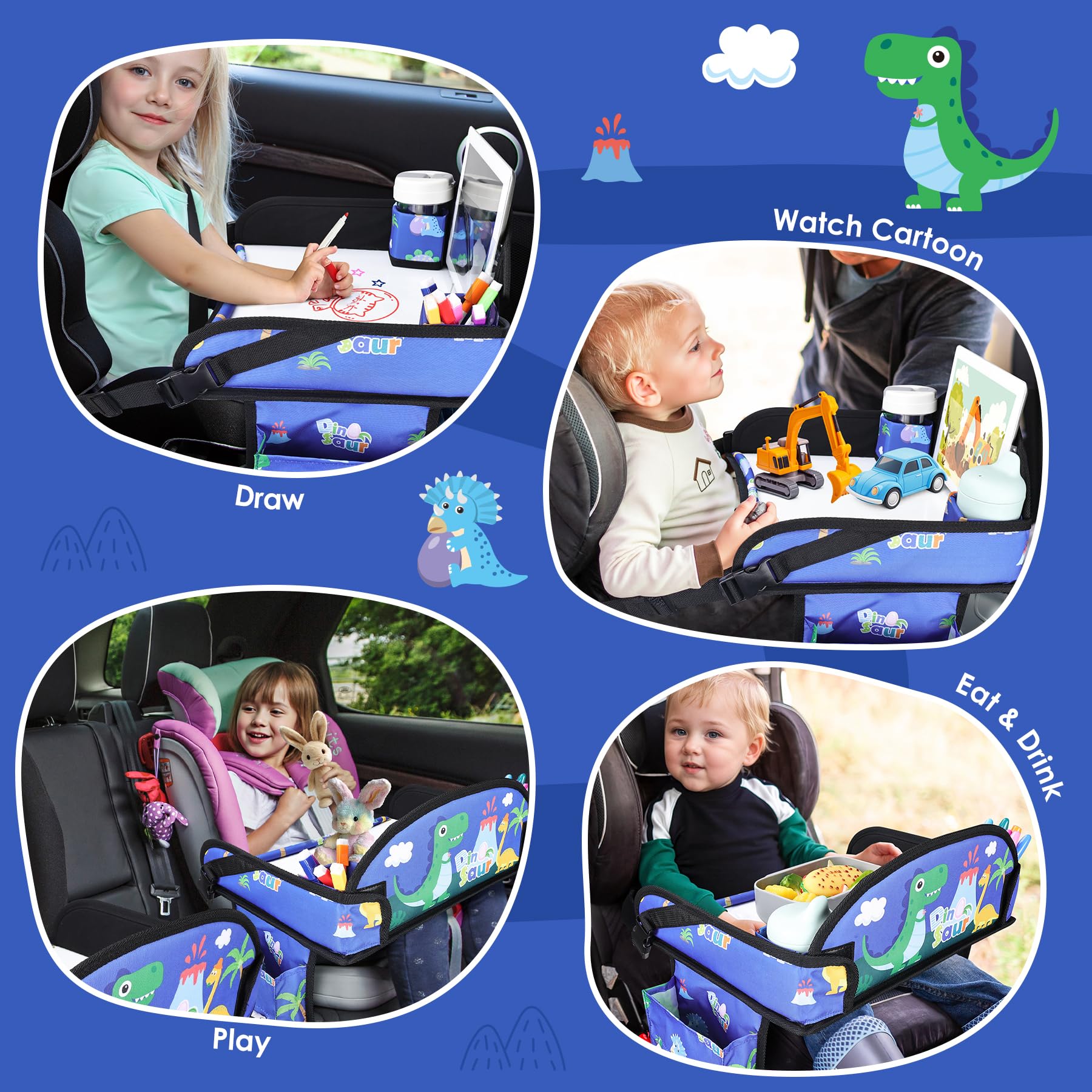 WENRENER Kids Travel Tray blue dinosaur cup holder keeps drinks steady.