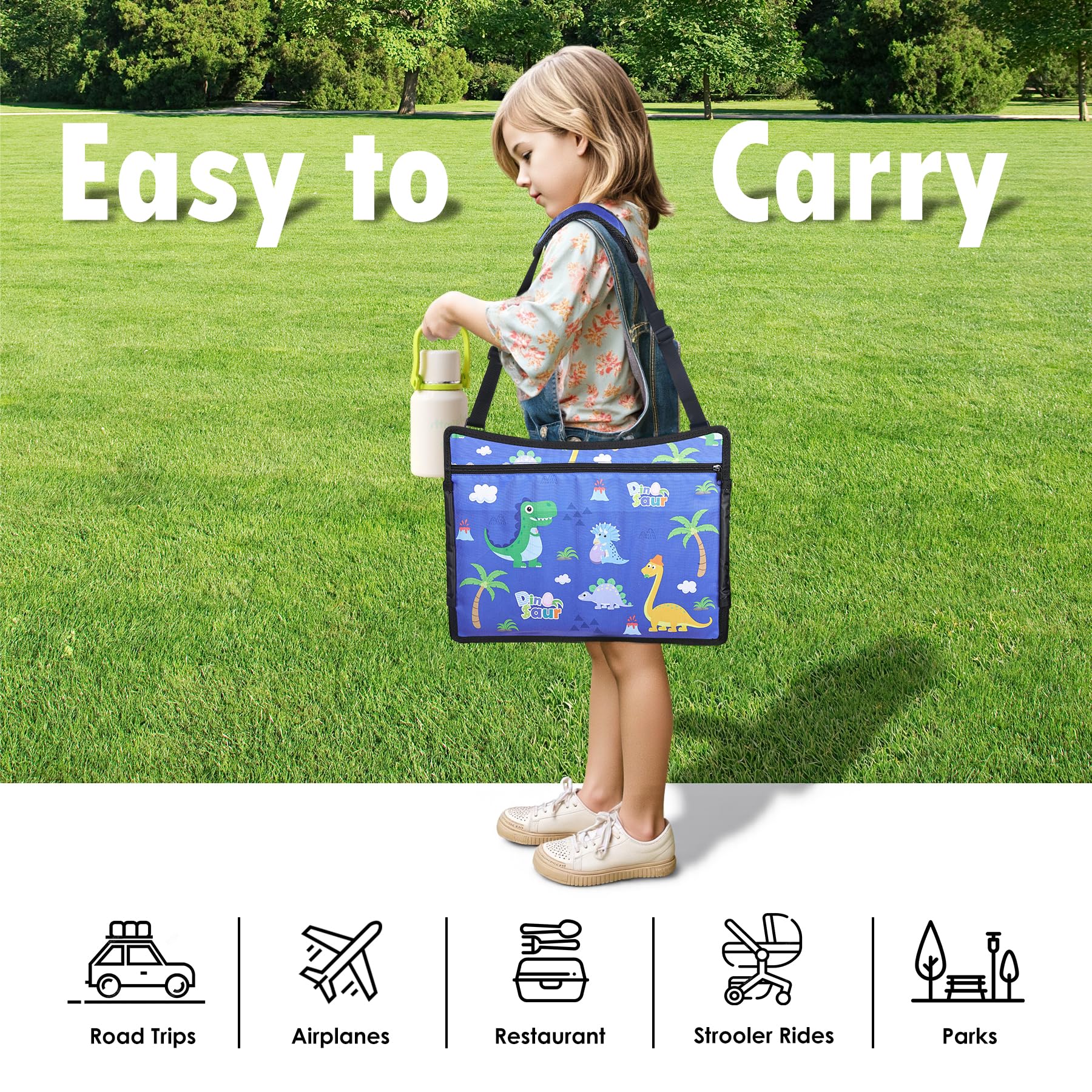 WENRENER Kids Travel Tray blue dinosaur fits car seats and planes at 17x13.5 inches.
