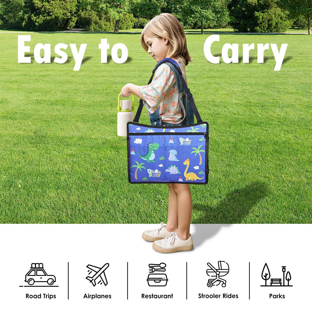 WENRENER Kids Travel Tray blue dinosaur fits car seats and planes at 17x13.5 inches.