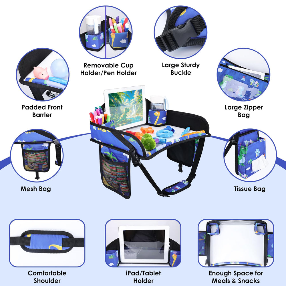 WENRENER Kids Travel Tray blue dinosaur easy-clean surface wipes clean quickly.