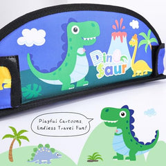 WENRENER Kids Travel Tray blue dinosaur folded-backpack view stores compactly for travel.