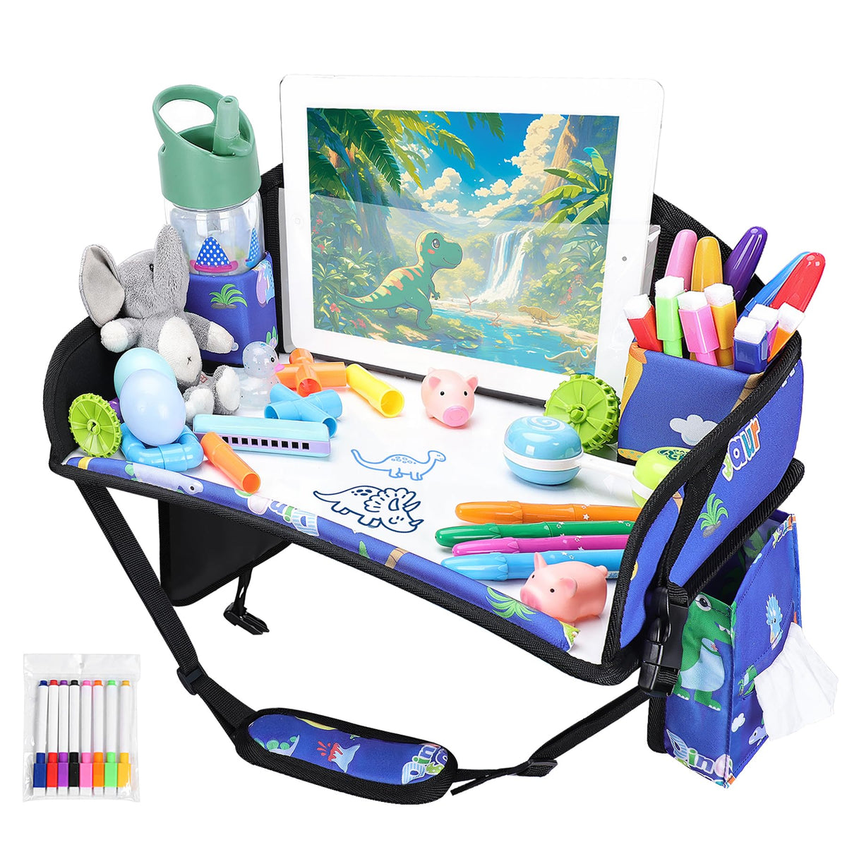 WENRENER Kids Travel Tray blue dinosaur front view helps calm travel with snacks and activities.