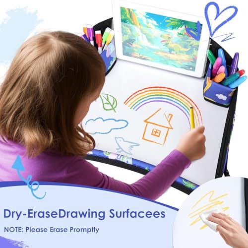 WENRENER Kids Travel Tray blue dinosaur open panel highlights wipe-clean surface.
