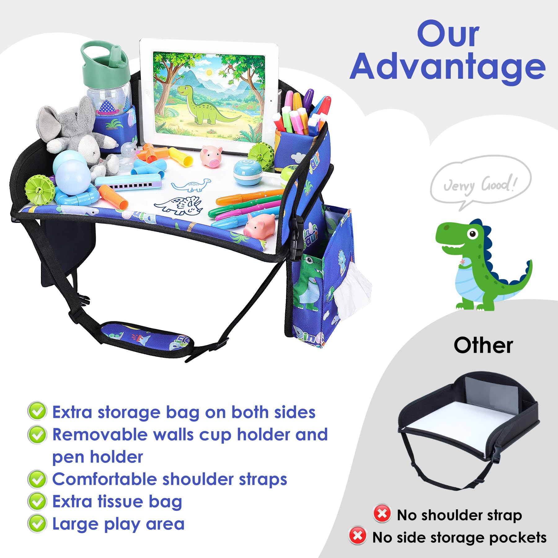 WENRENER Kids Travel Tray blue dinosaur pockets organize cards and small gear.