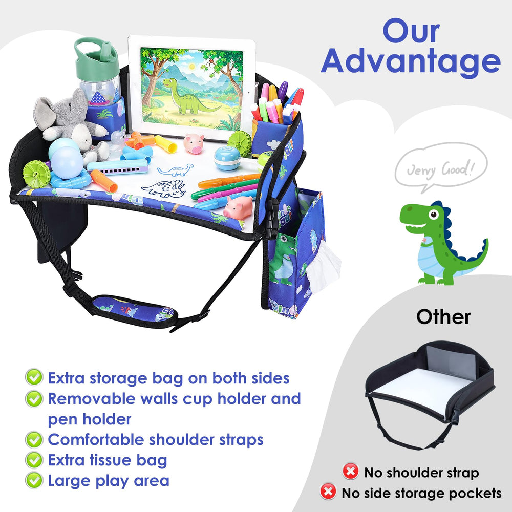 WENRENER Kids Travel Tray blue dinosaur pockets organize cards and small gear.