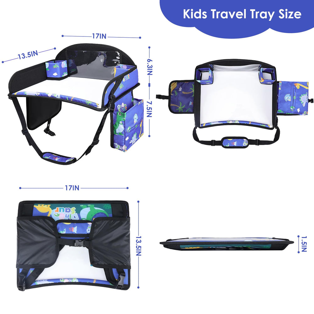 WENRENER Kids Travel Tray blue dinosaur raised edges prevent spills on trips.