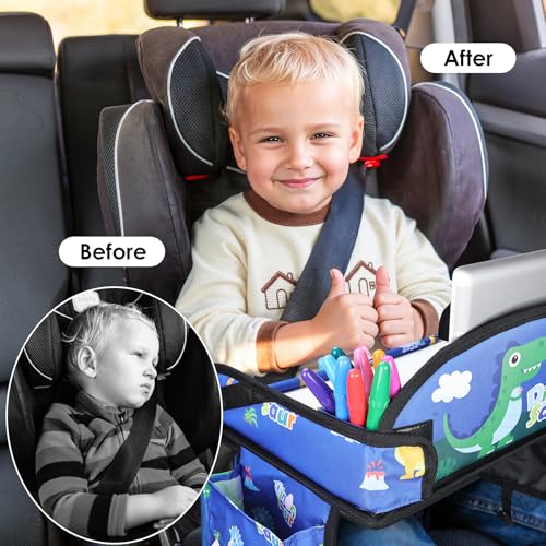 WENRENER Kids Travel Tray blue dinosaur side view keeps drinks within reach while on the go.