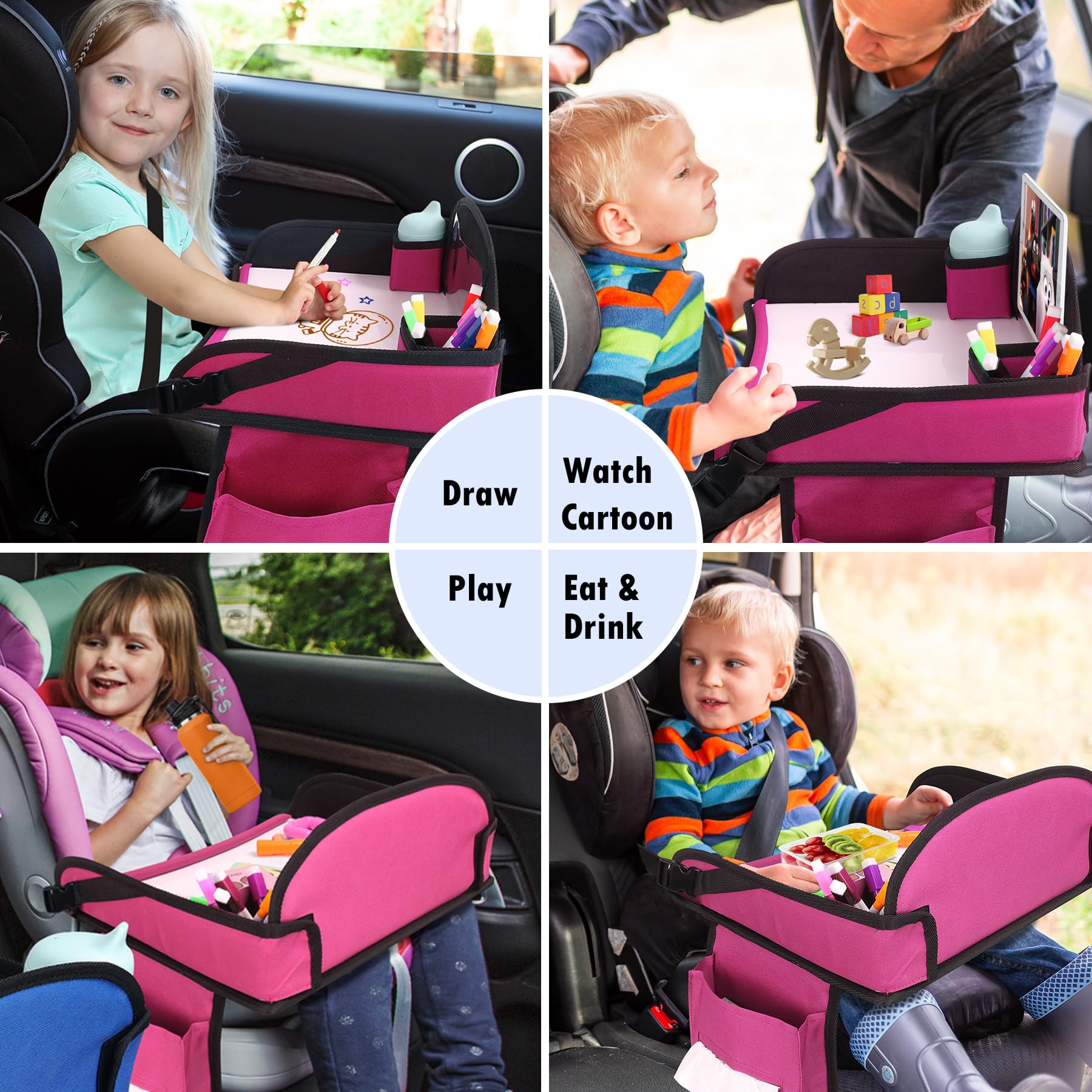 WENRENER kids travel tray pink compact backpack mode for portability.