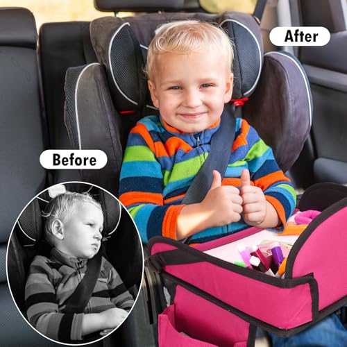 WENRENER kids travel tray pink open with shoulder strap for easy transport.