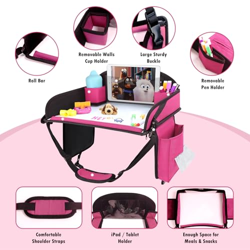 WENRENER kids travel tray pink pocket storage organizes cards and small toys.