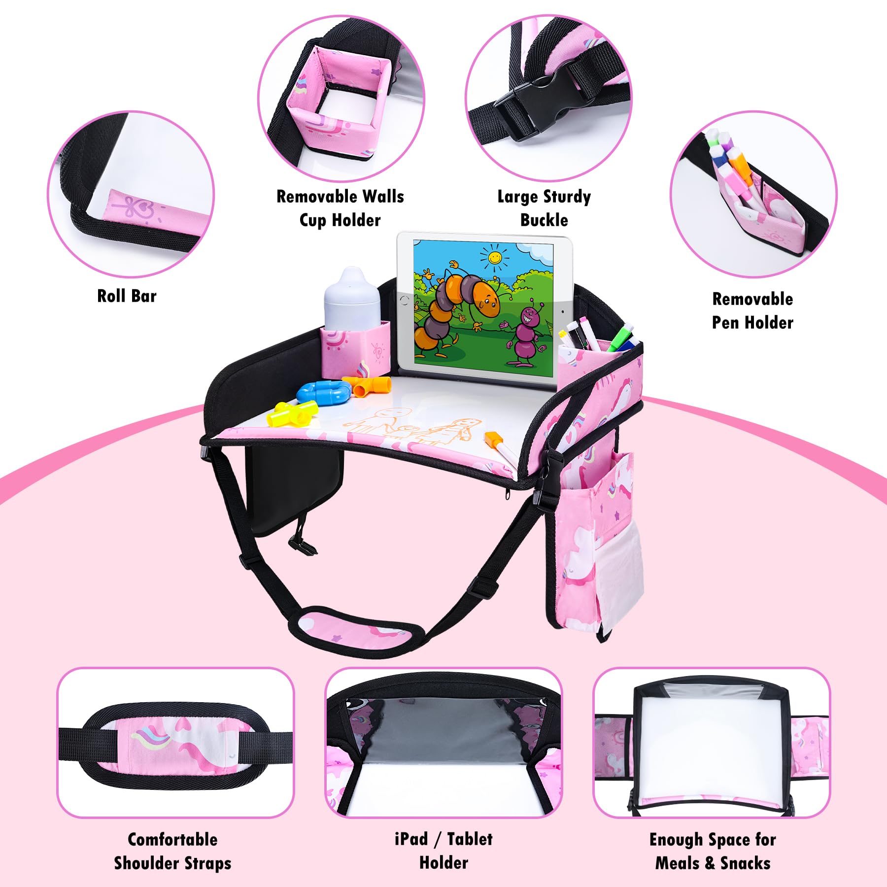 WENRENER Kids Travel Tray storage pockets keep essentials within reach