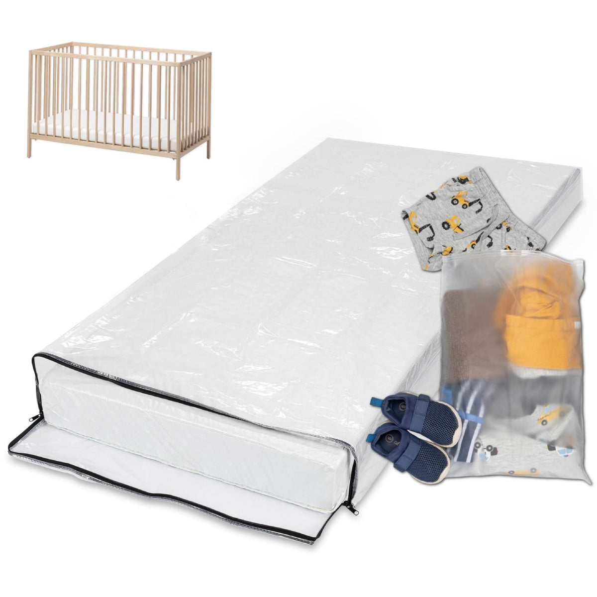 Wenses crib mattress bag front view protects against dust and moisture during storage.