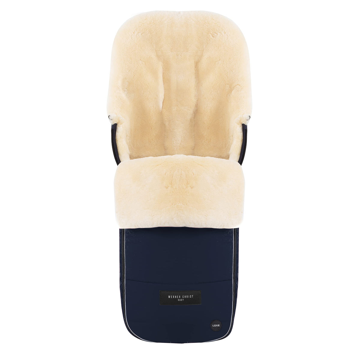 Werner Christ Flims Luxe footmuff navy full view showing universal buggy fit.