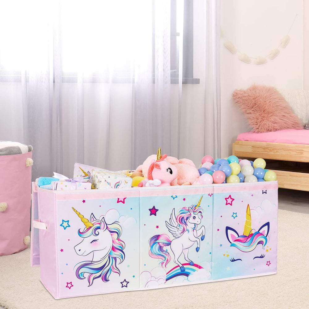 WERNNSAI unicorn toy chest in a kid's room illustrates spacious storage and cute decor.