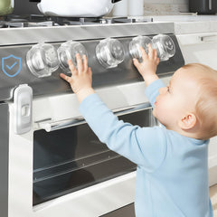 Wesiop stove knob covers pack with five caps and oven lock for child safety.
