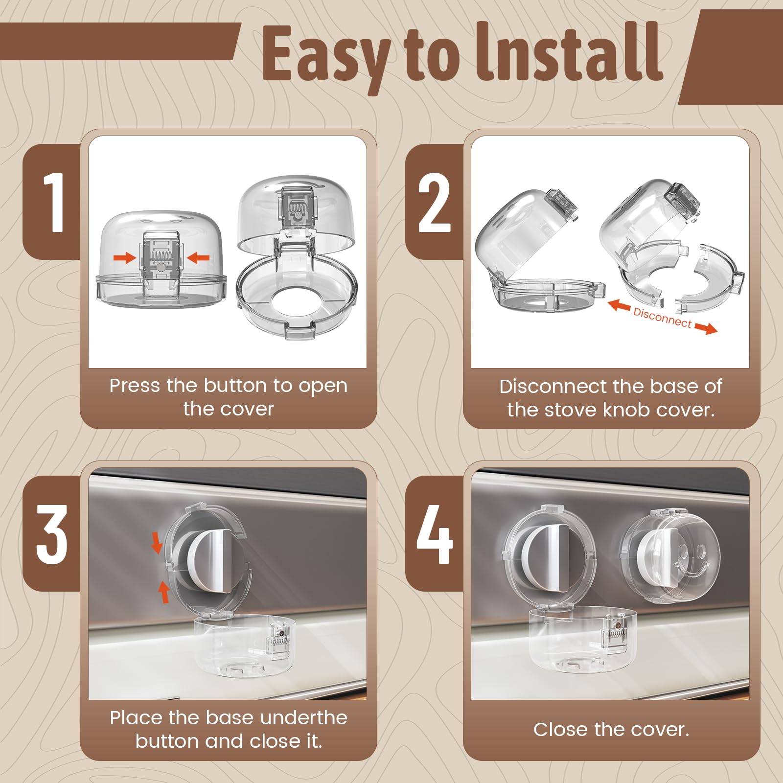 Wesiop knob covers with clear plastic maintain visibility while shielding knobs.