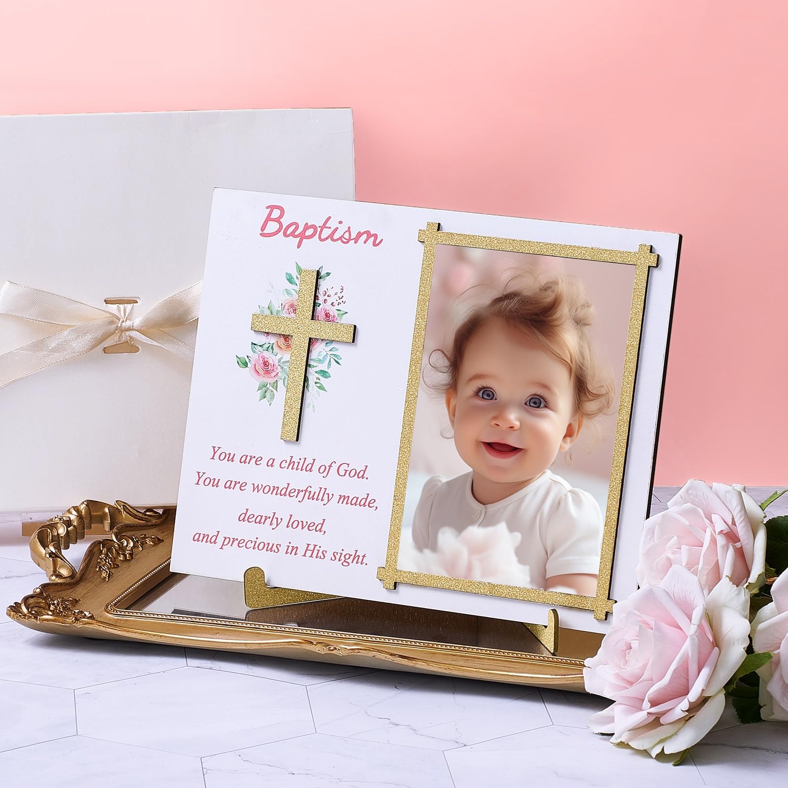 Wesiti Baptism Frame flower design detail emphasizes graceful motif.
