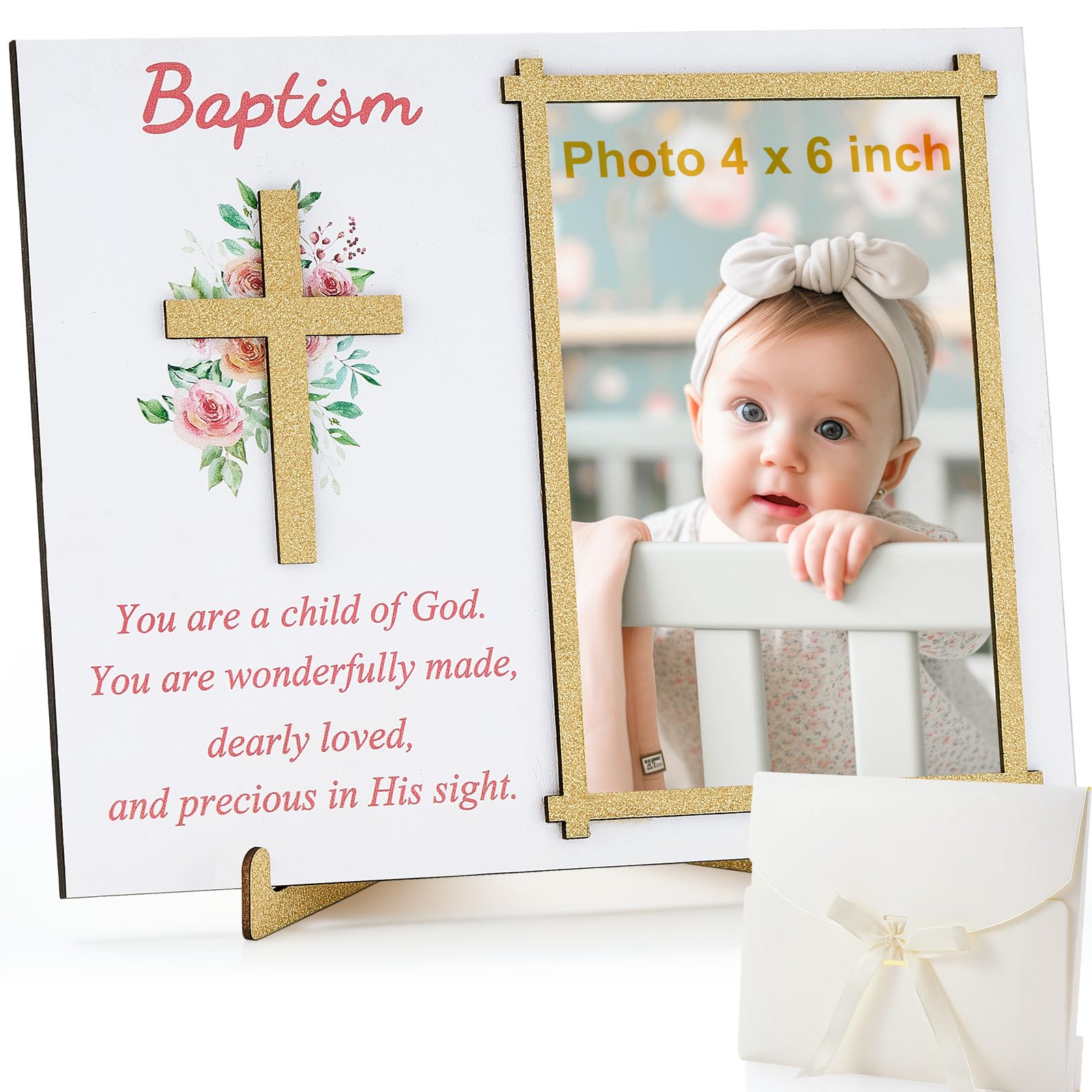Wesiti Baptism Frame Wooden 4x6 Photo shows durable keepsake for baby memories.