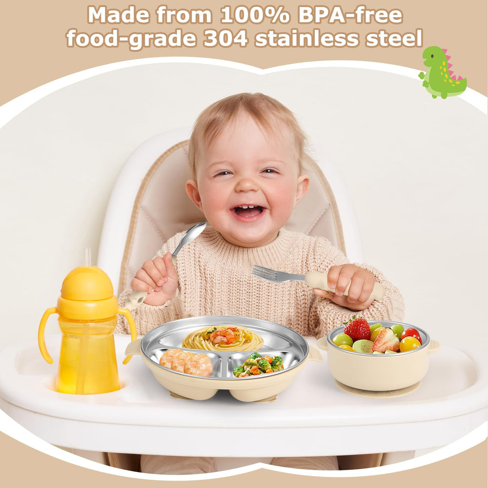 Wesketch dishwasher-safe stainless steel plate cream highlights durability for busy families.