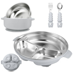 Wesketch stainless-steel baby plate with suction base for mess-free meals.