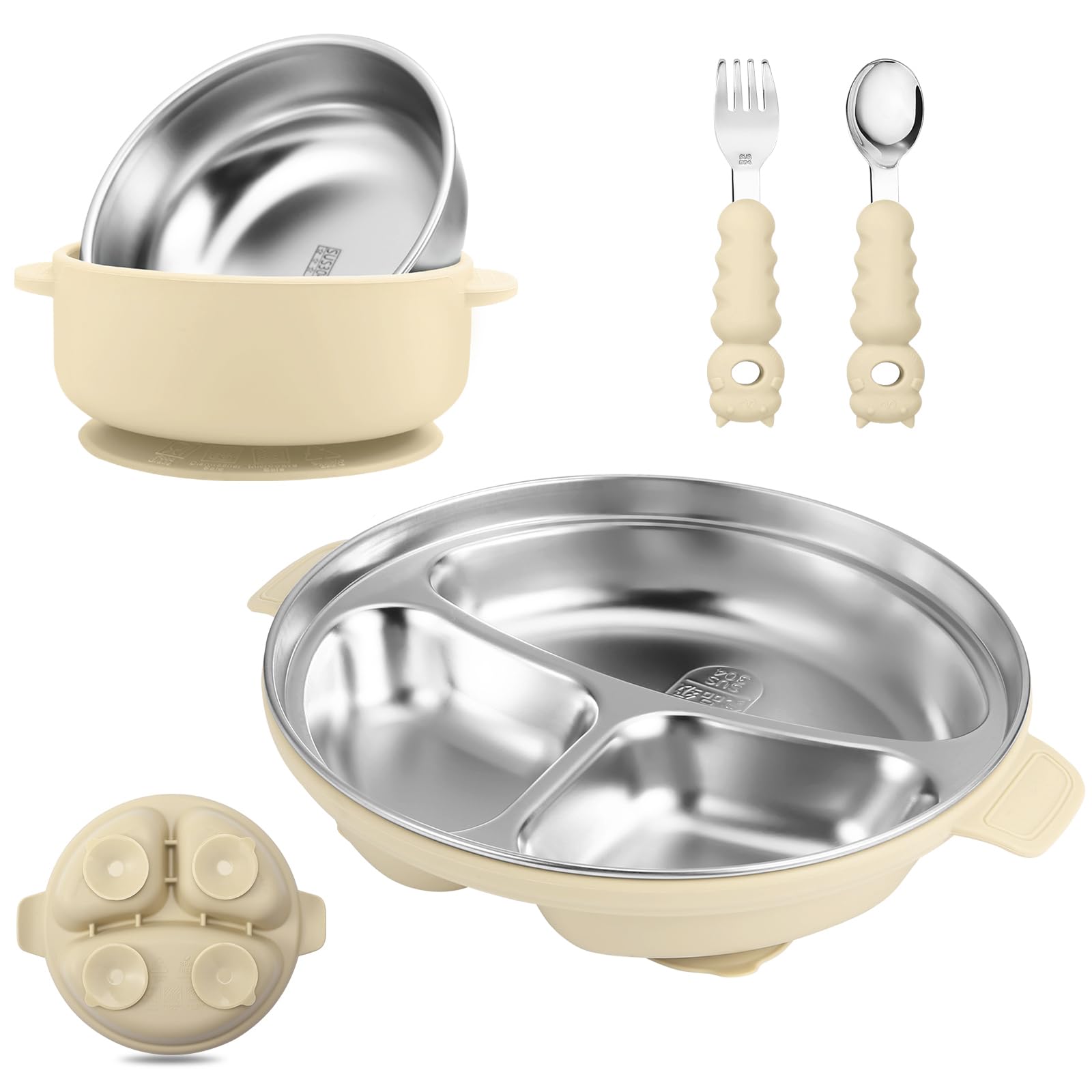 Wesketch stainless steel baby plate with suction cream keeps meals secure on trays.