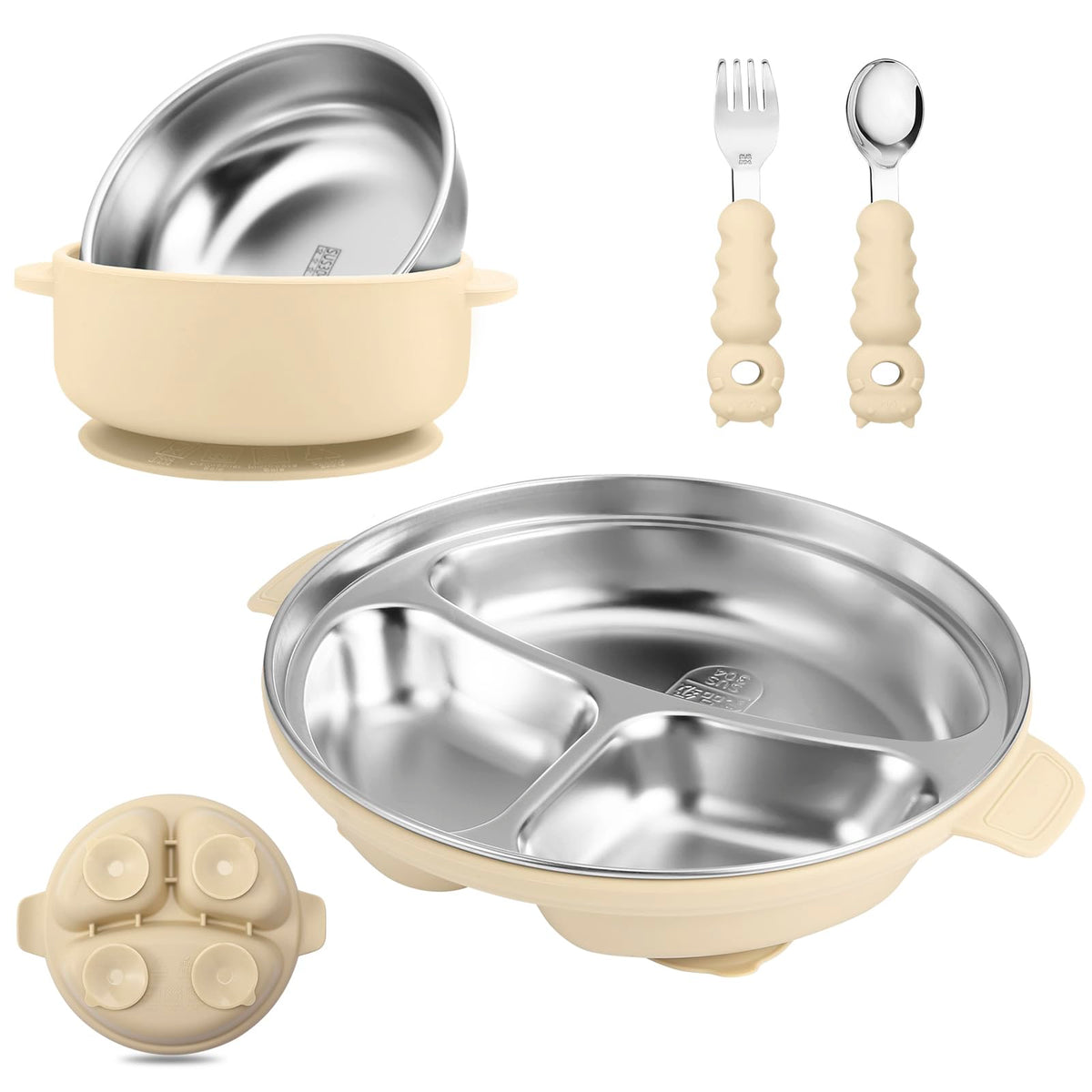 Wesketch stainless steel baby plate with suction cream keeps meals secure on trays.