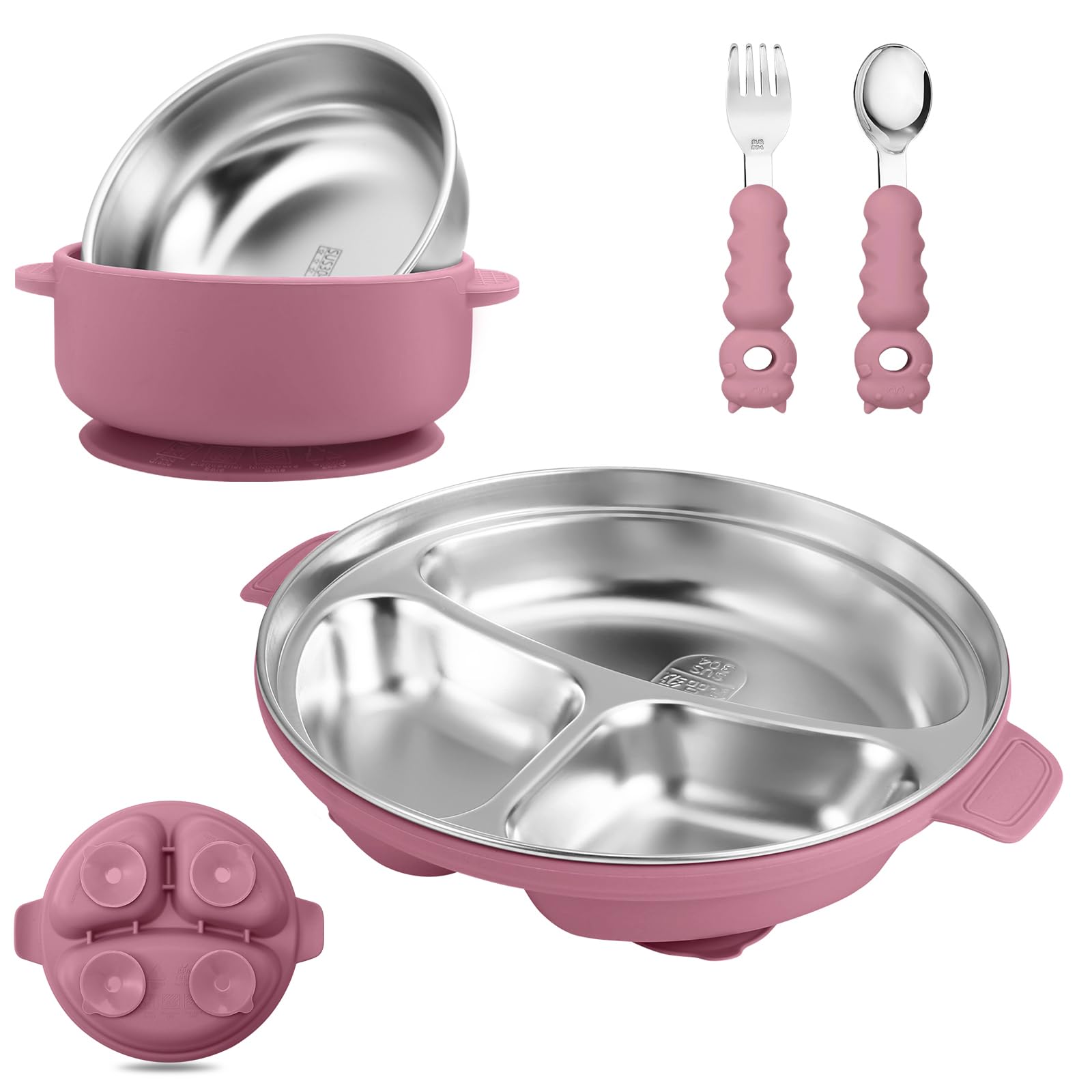 Wesketch stainless steel baby plate with suction base in rose red reduces spills at mealtime.