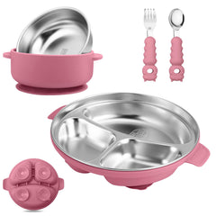 Wesketch stainless steel baby plate with suction base in rose red reduces spills at mealtime.