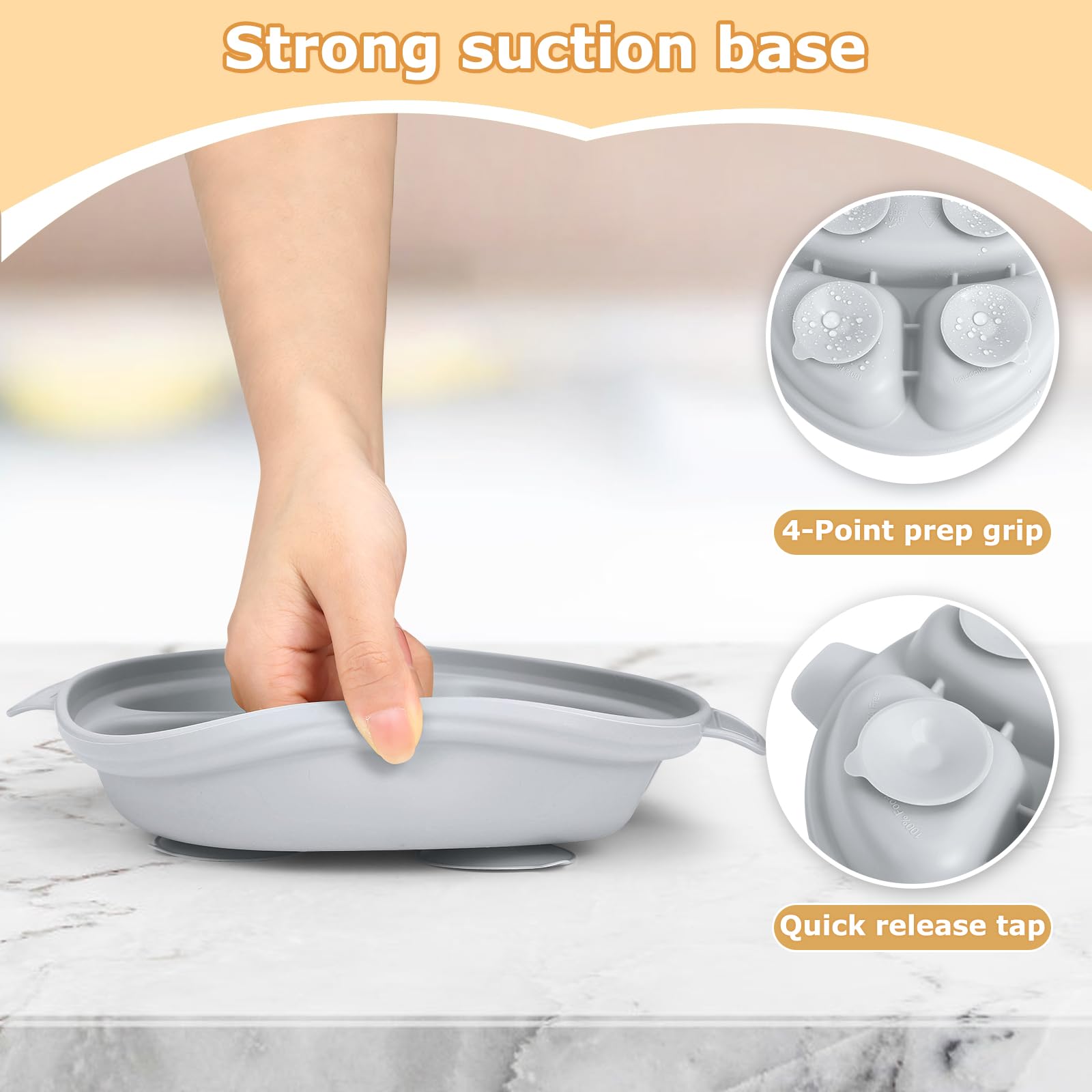 Wesketch suction plate on a high chair tray reduces spills during self-feeding.