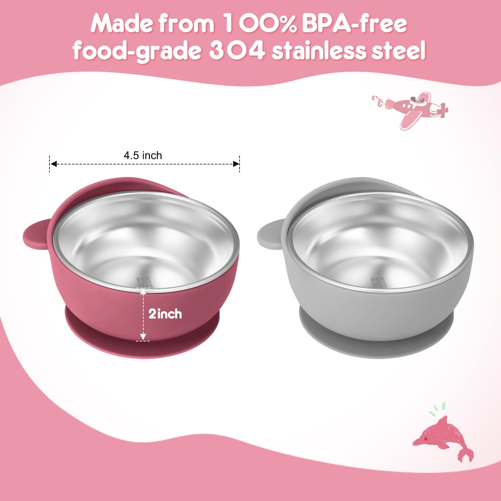 Wesketch suction shell base grips flat surfaces to prevent spills during feeding.