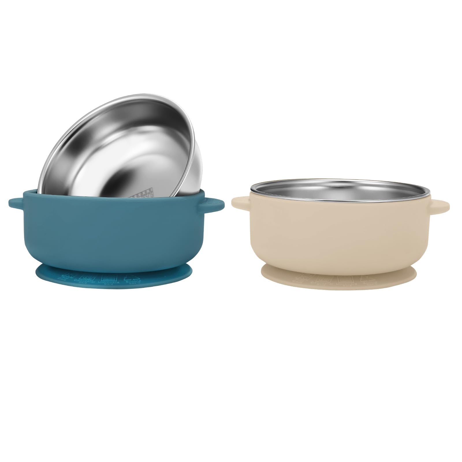 Wesketch two-pack baby bowls blue and cream with non-slip base for stable feeding.