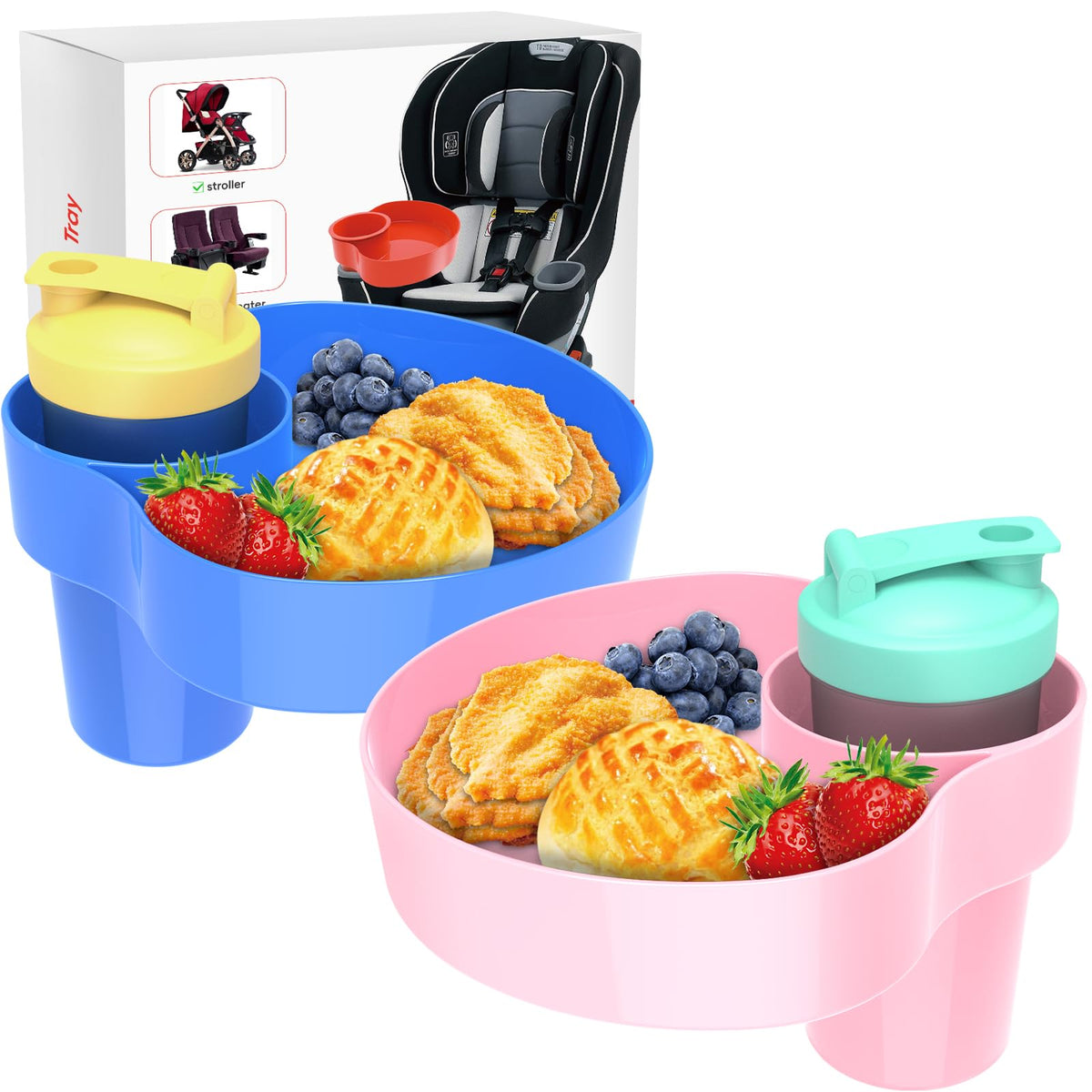 Weteamnoi kids travel tray pink showing organized snacks for car trips.