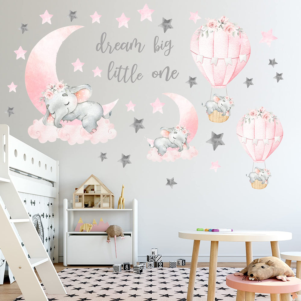 WEWINLE Dream Big Little One elephant wall stickers with pink moon add playful nursery decor and charm.