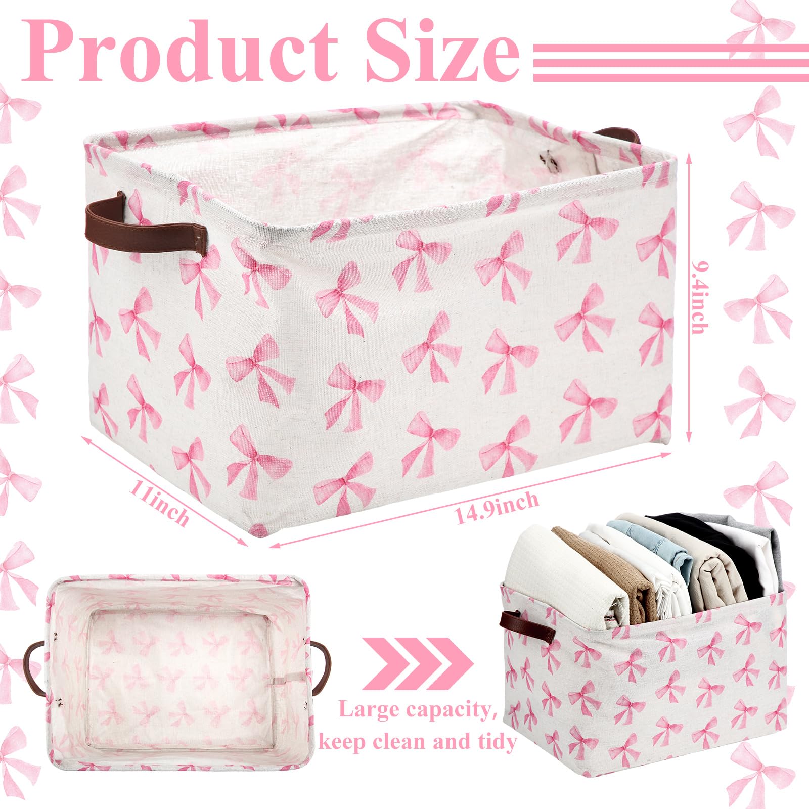 Weysat Coquette Bow Storage Basket pink in closet keeps toys and linens organized.