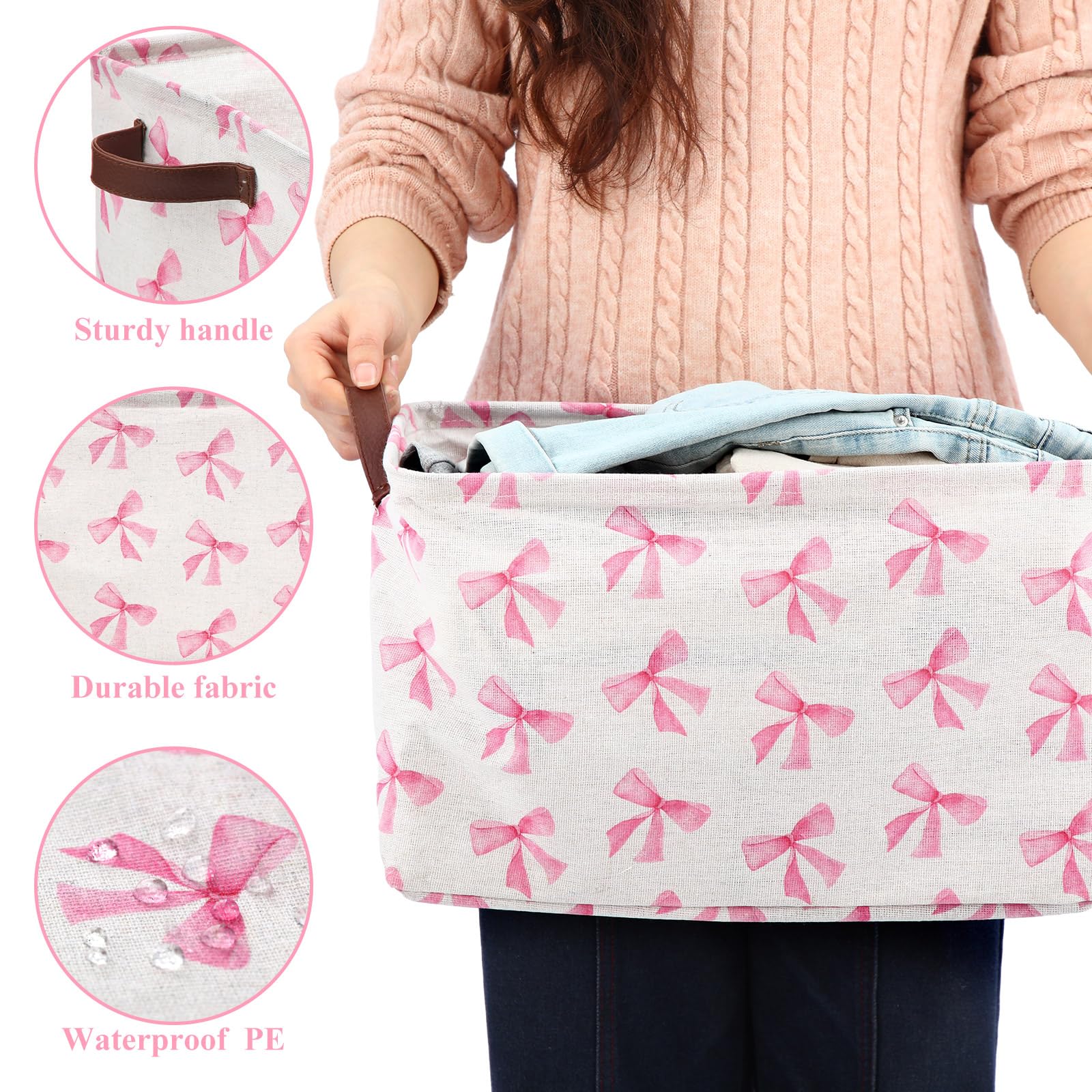 Weysat Coquette Bow Storage Basket with metal rod frame preserves shape.