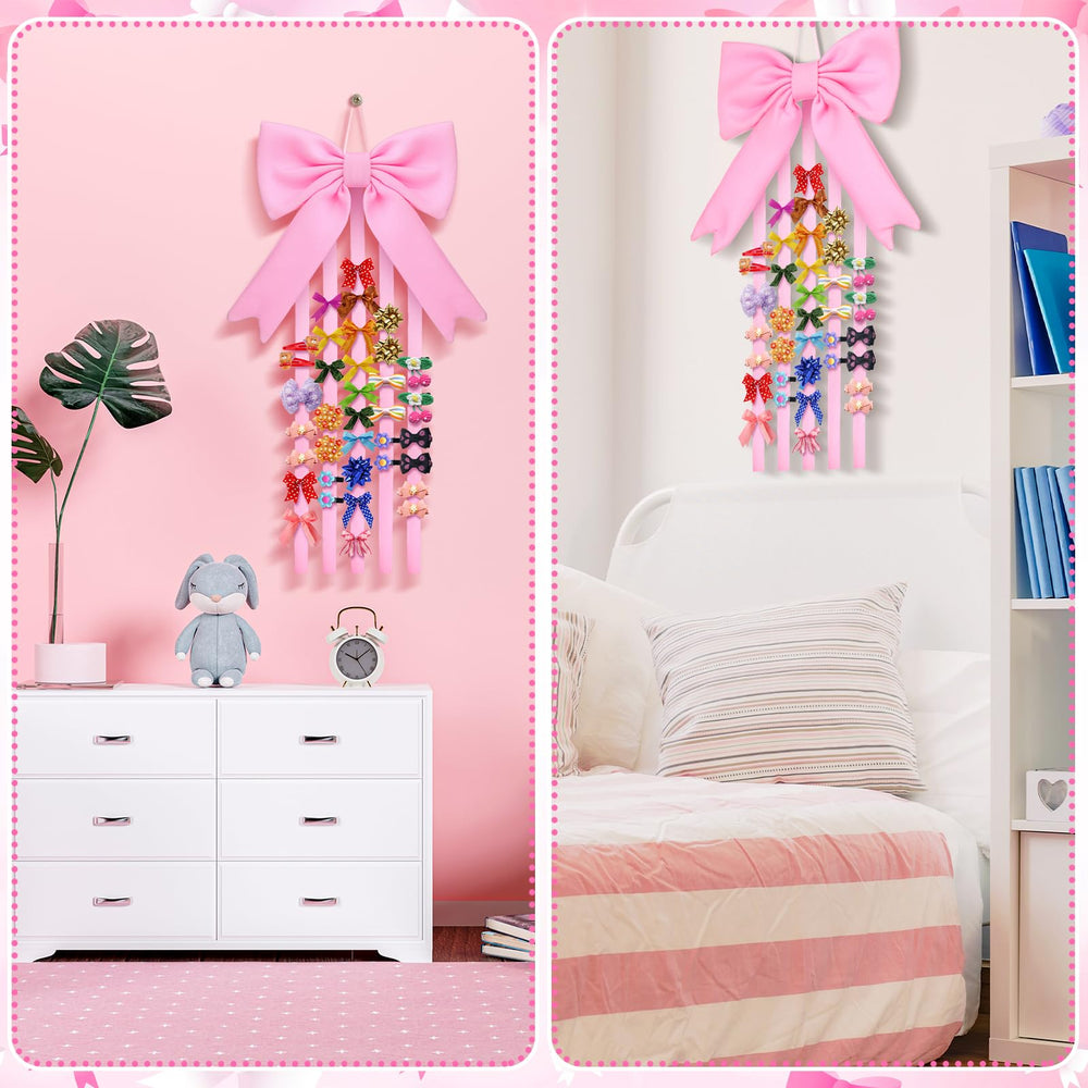 Weysat pink bow holder mounted on door adds cute storage.