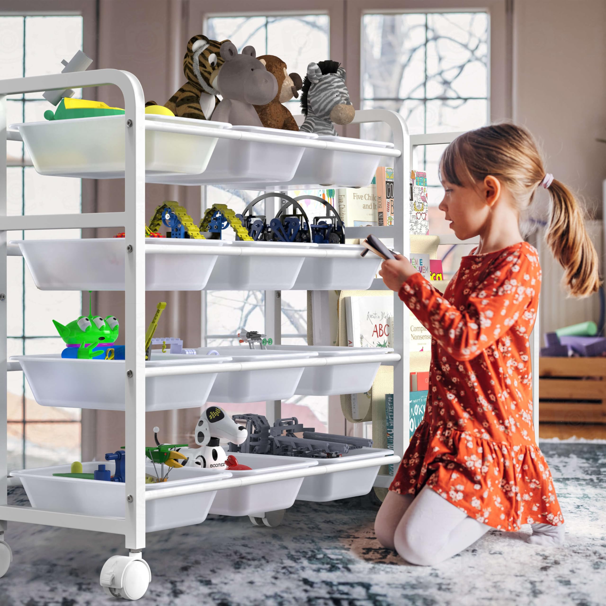 WGOHOSE bookshelf on wheels demonstrates mobile storage in a playroom