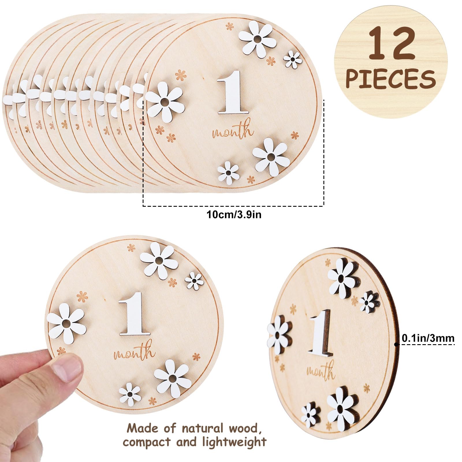 Whaline milestone card daisy wooden 02 ideal for first-year baby photos and albums.