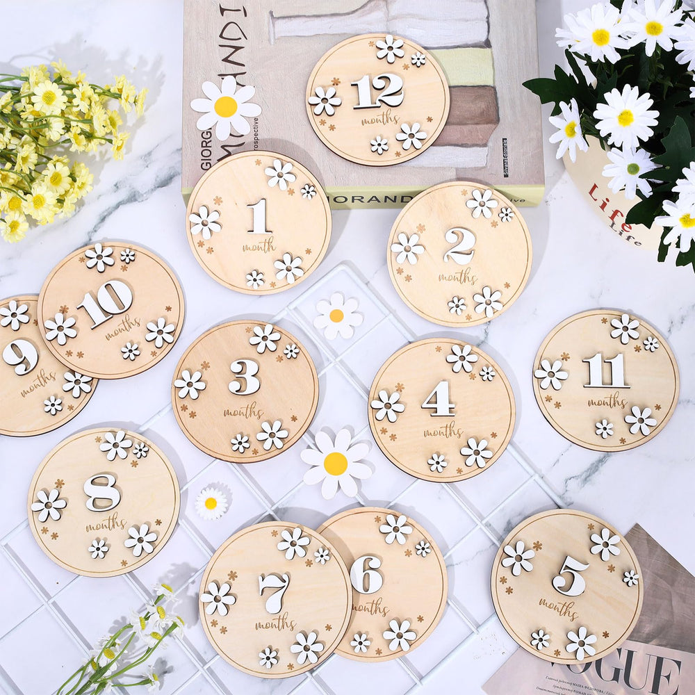 Whaline milestone card daisy wooden 03 documents monthly progress with rustic decor.