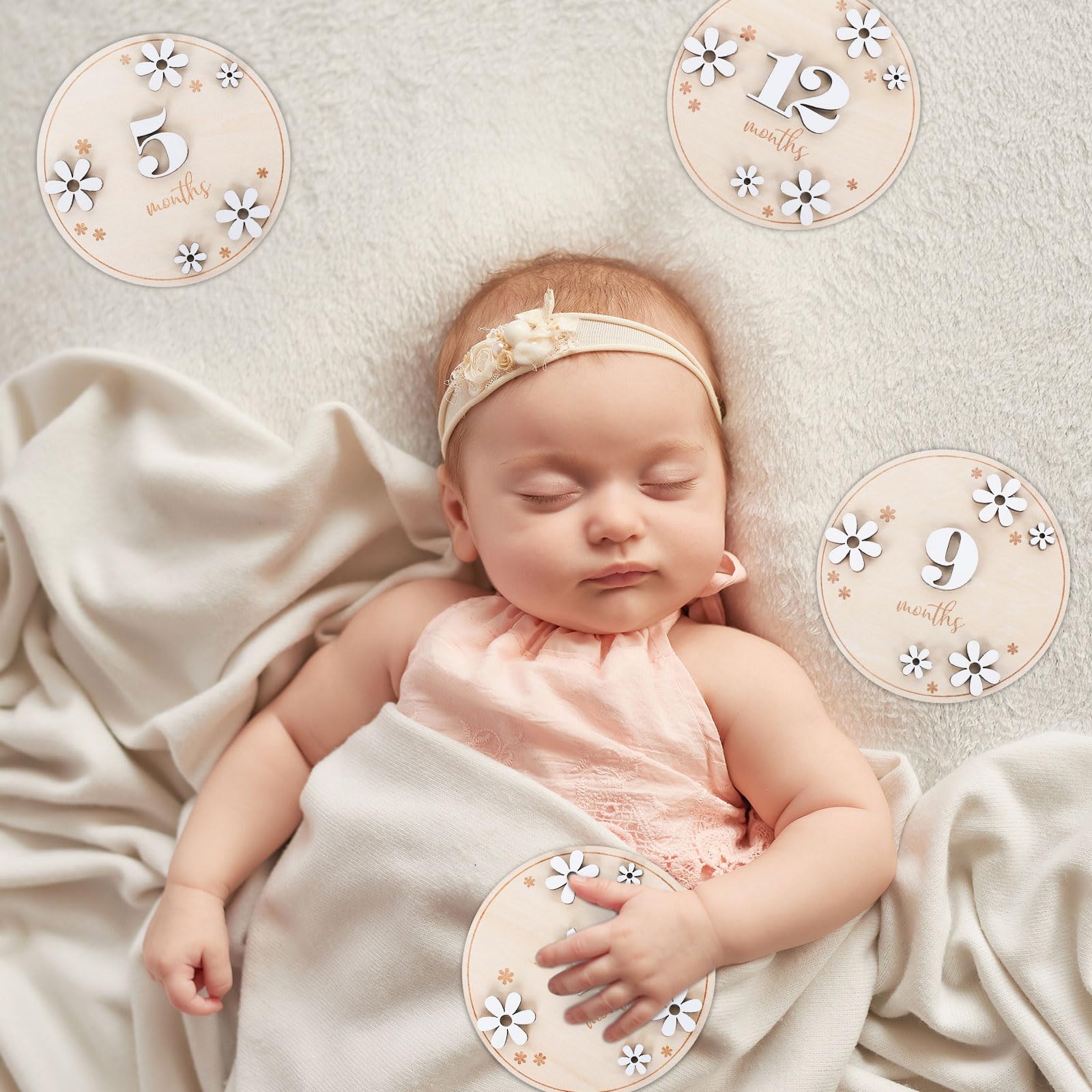 Whaline milestone card daisy wooden 06 adds rustic charm to newborn milestones.