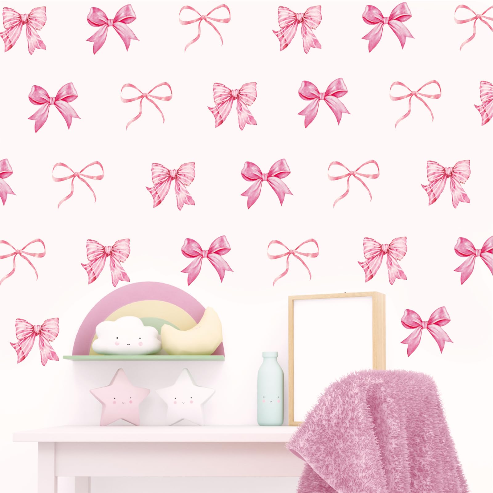 Whaline pink bow wall stickers 12 sheets enhance bedroom charm.