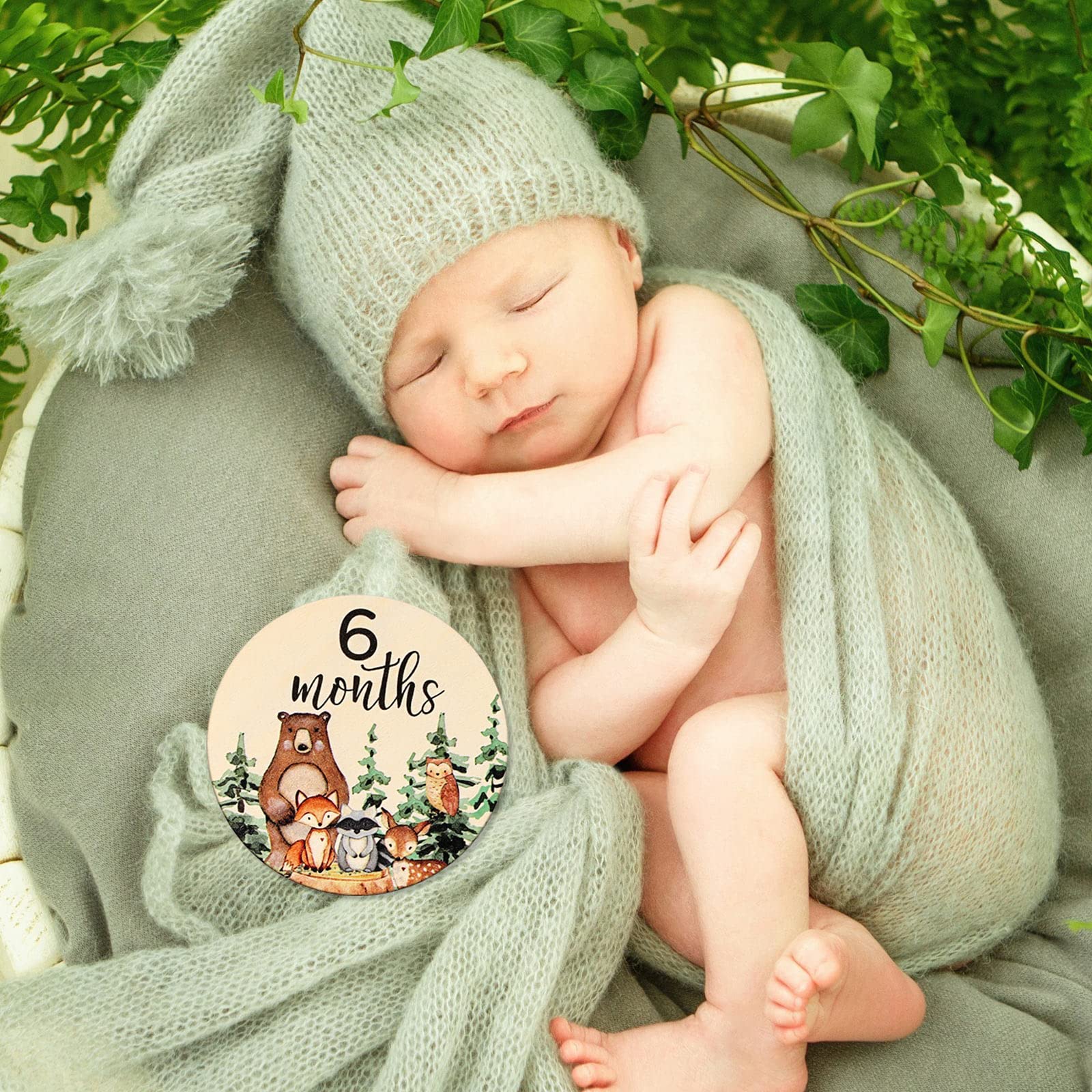 Whaline woodland-themed photo props for memorable baby milestone portraits.
