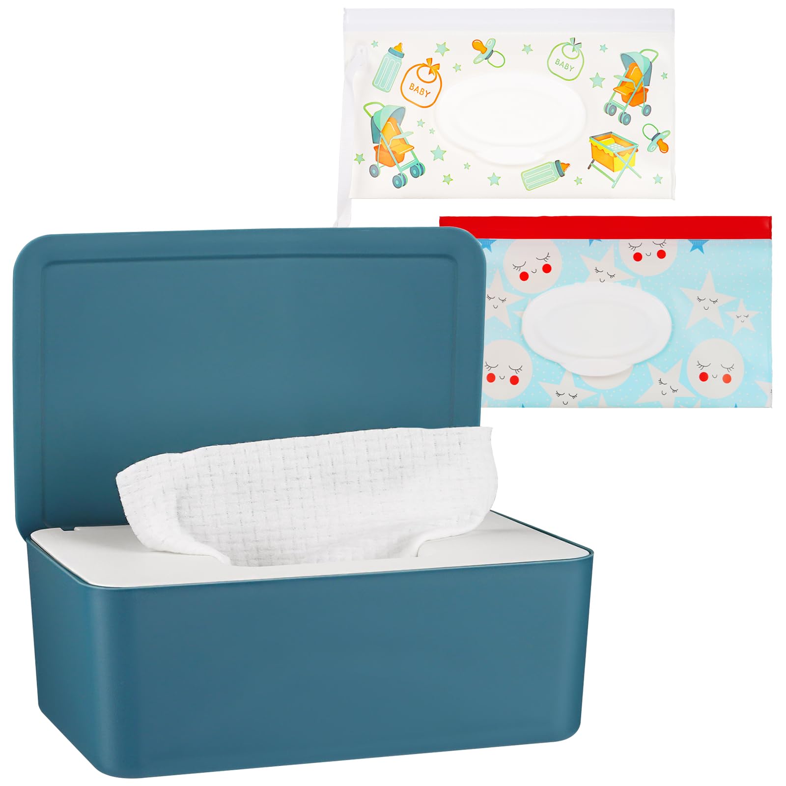 Whiidoom diaper wipes dispenser blue lid closed keeps wipes fresh and ready to use.