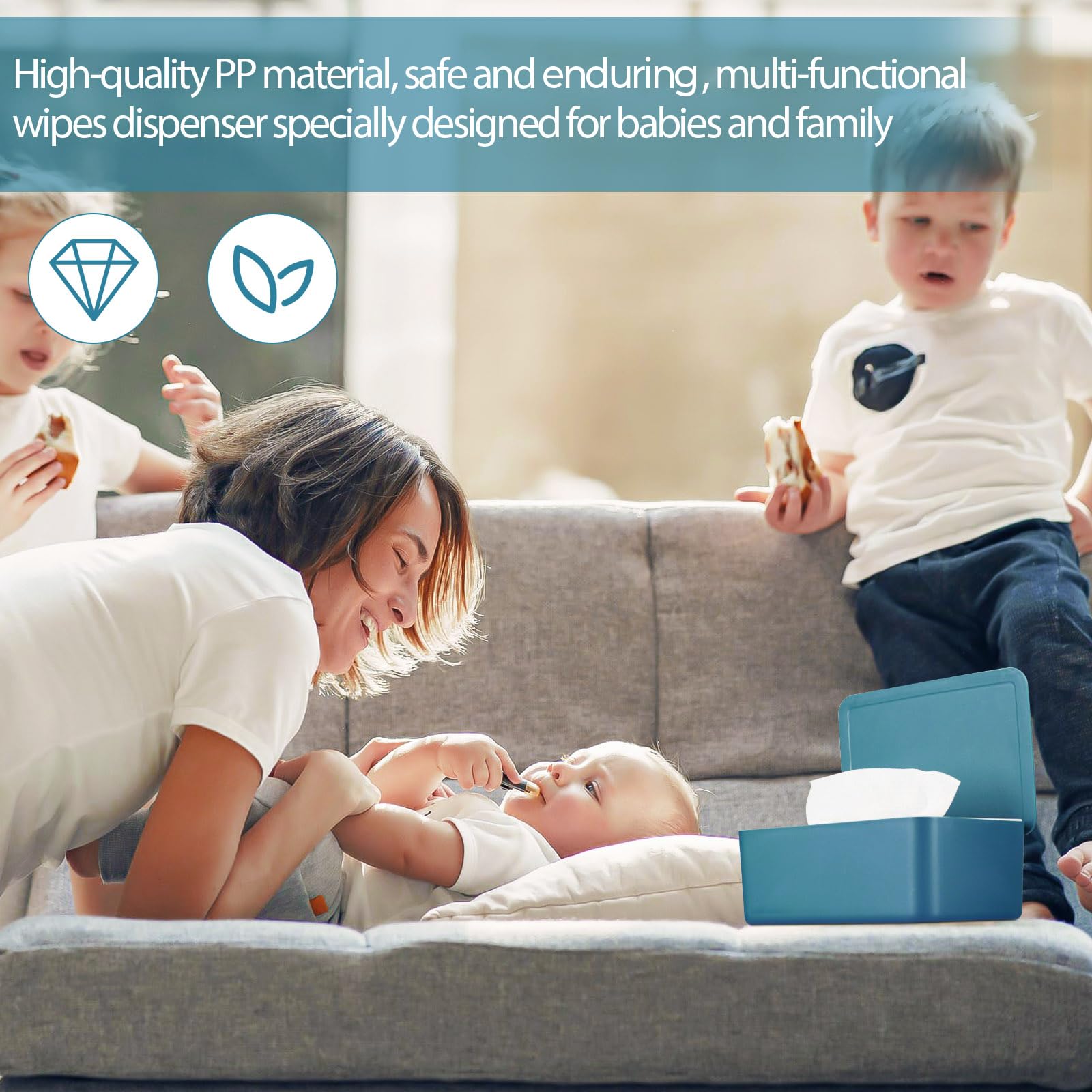 Whiidoom diaper wipes dispenser blue side profile demonstrates slim, space-saving design.